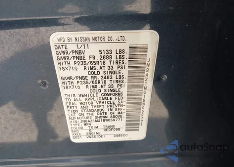 2011 Nissan Murano S из США, поврежденный, VIN JN8AZ1MU1BW059771